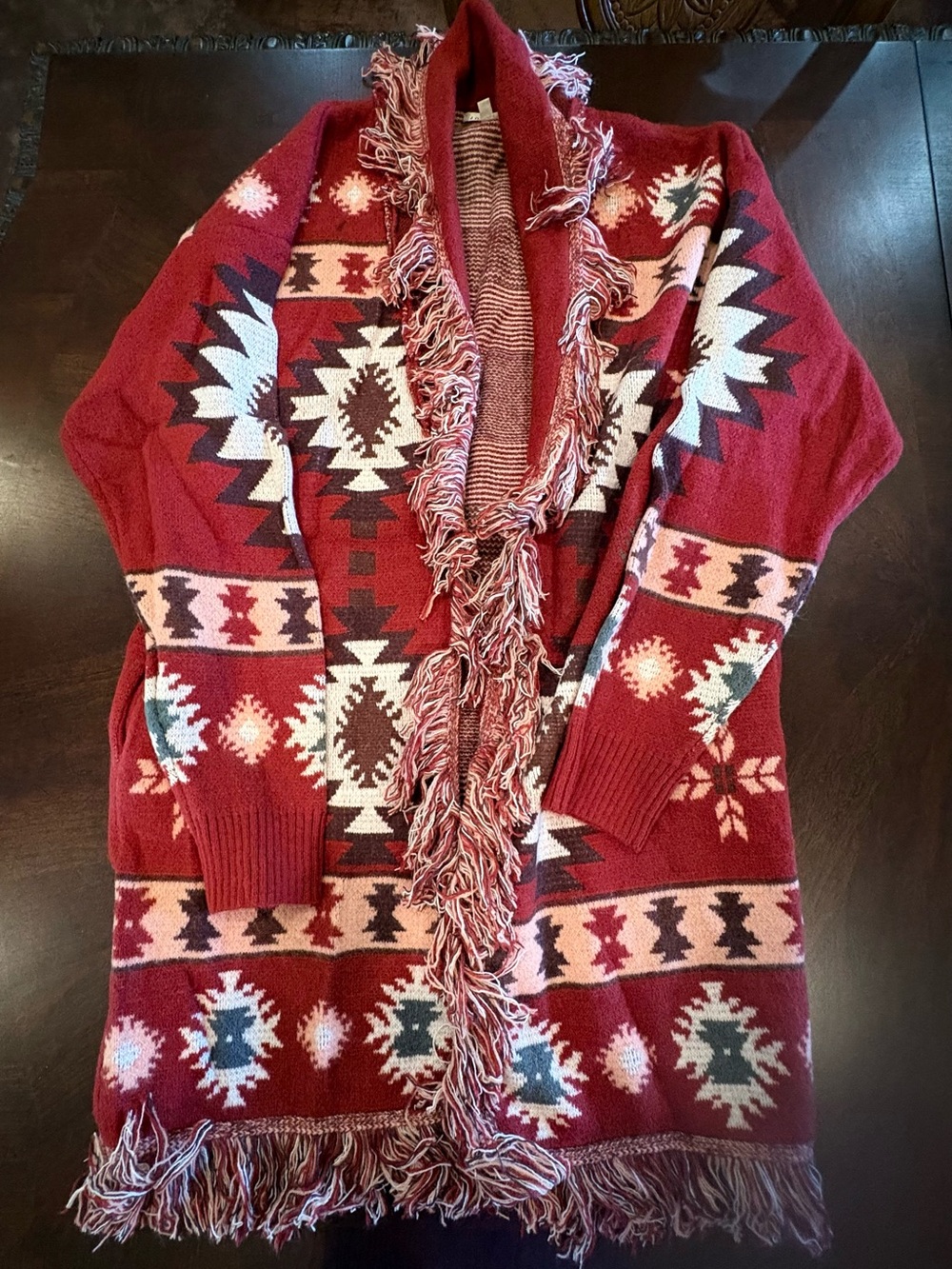 JODIFL Red Aztec Fringe Open-Front Cardigan